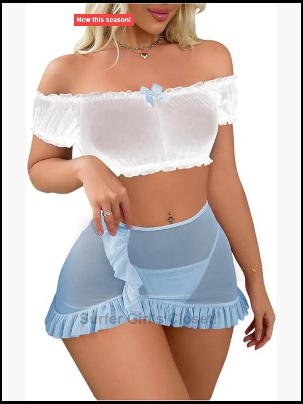 Sheer Mesh Off Shoulder Bra Panty Lingerie Set 3 Piece